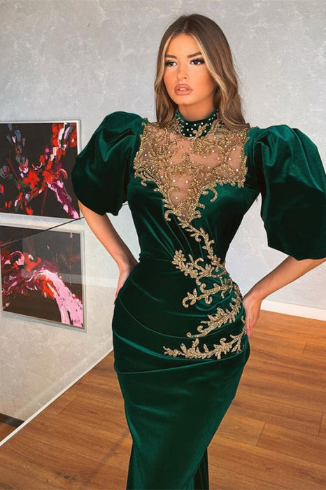 Dark Green Bubble Sleeves Mermaid Prom Dress