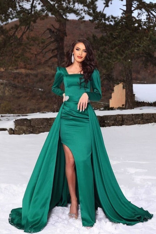 Dark Green Long Sleeve Mermaid Prom Dress with Slit and Detachable Skirt