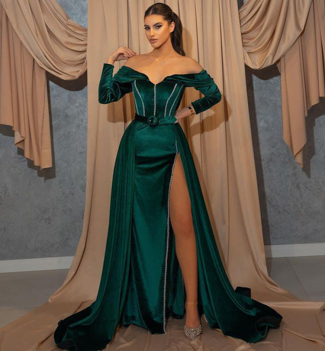 Dark Green Long Sleeve Sweetheart Mermaid Prom Dress with Front Split and Belt