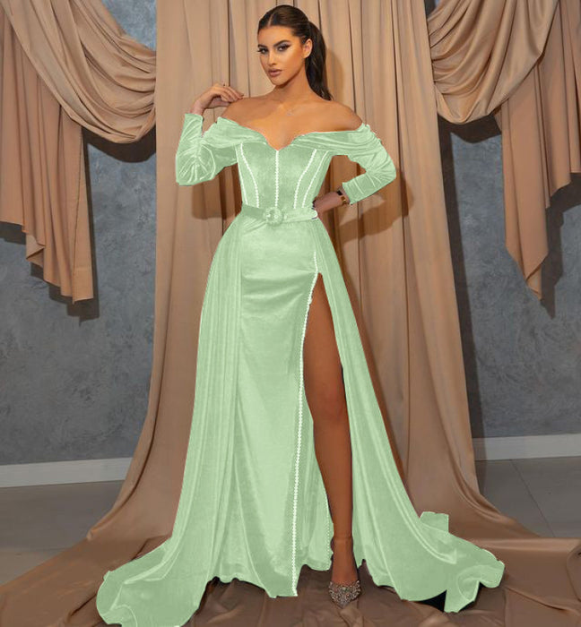 Dark Green Long Sleeve Sweetheart Mermaid Prom Dress with Front Split and Belt