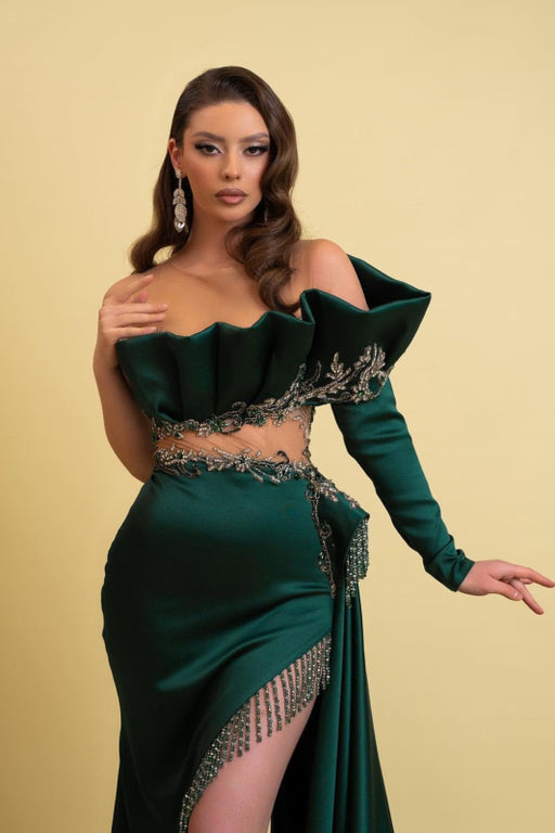 Dark Green Long Sleeves Charmeuse Prom Dress with Tassel High Slit Trail