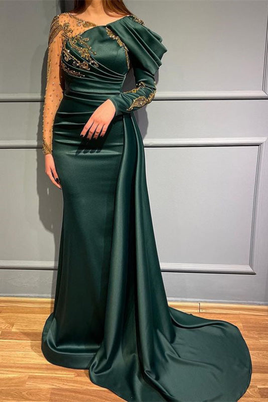 Dark Green Long Sleeves Mermaid Evening Dress With Beads and Appliques