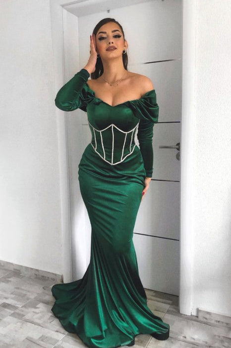 Dark Green Off-the-Shoulder Long Sleeve Mermaid Prom Dress