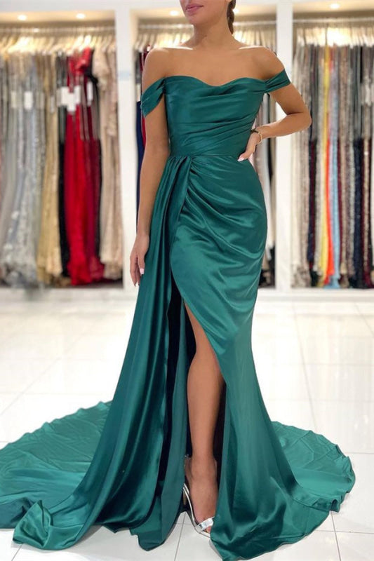 Dark Green Off-the-Shoulder Mermaid Long Prom Dress with Split and Ruffles