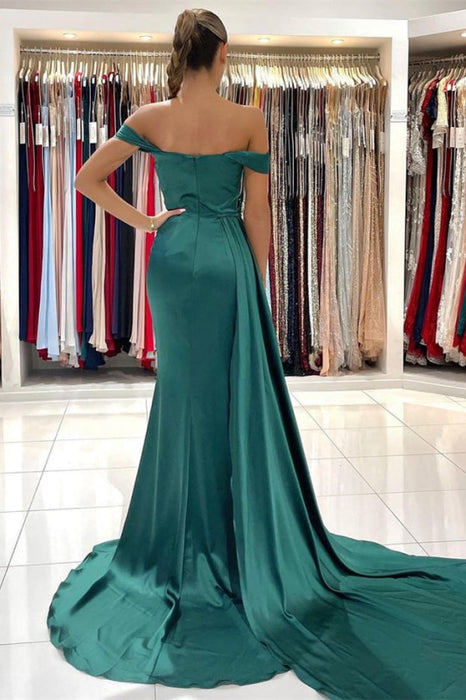 Dark Green Off-the-Shoulder Mermaid Long Prom Dress with Split and Ruffles