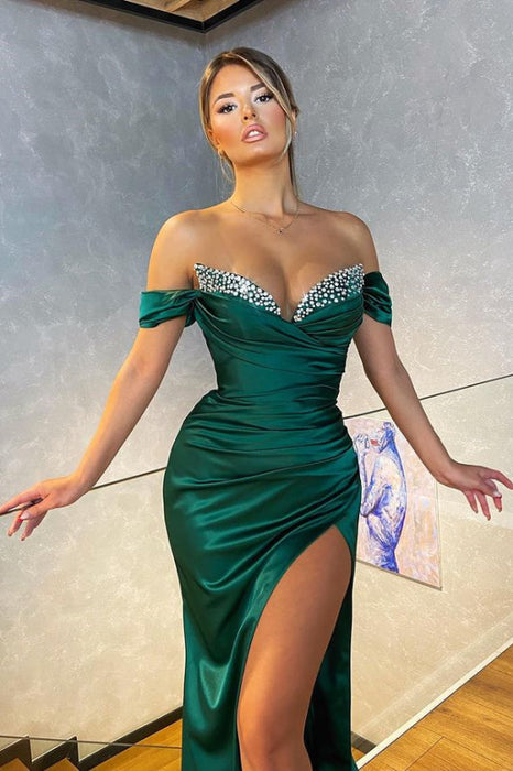 Dark Green Off-the-Shoulder Mermaid Prom Dress with Split