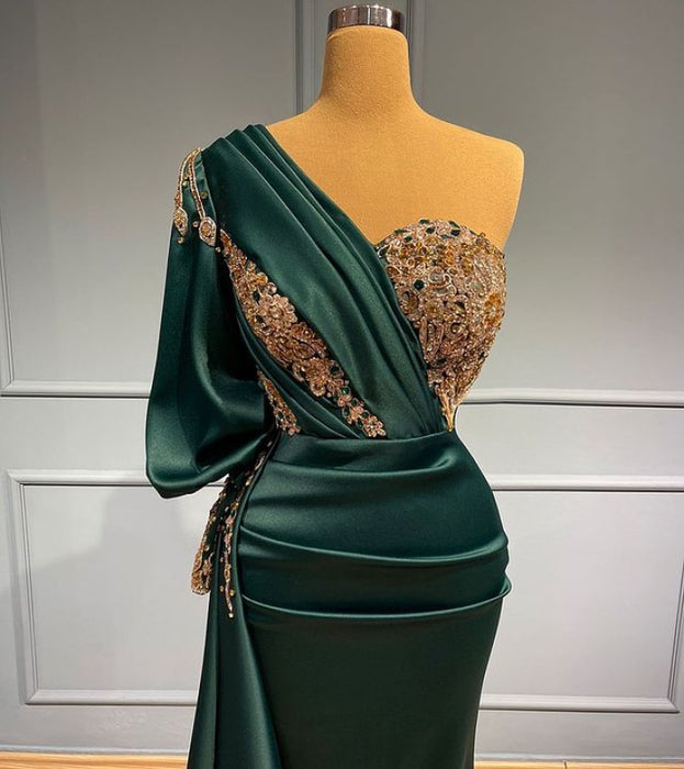 Dark Green One-Shoulder Beaded Mermaid Prom Dress with Appliques