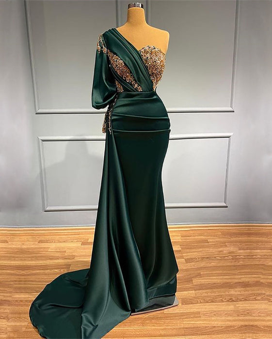 Dark Green One-Shoulder Beaded Mermaid Prom Dress with Appliques