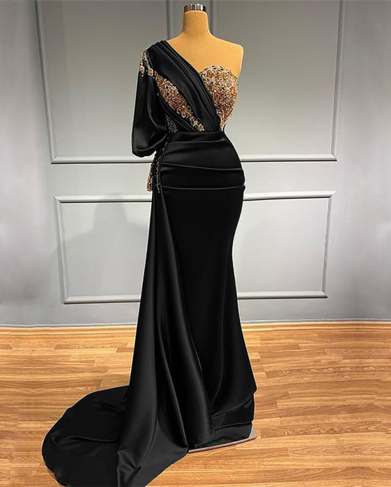 Dark Green One-Shoulder Beaded Mermaid Prom Dress with Appliques