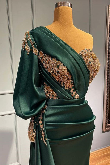 Dark Green One-Shoulder Beaded Mermaid Prom Dress with Appliques