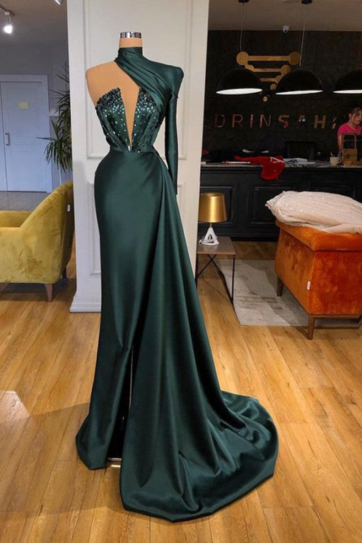 Dark Green One Shoulder Long Prom Dress with Sequins