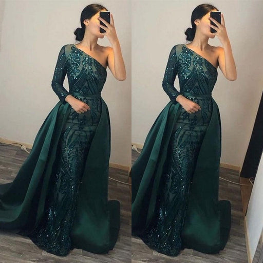 Dark Green One Shoulder Mermaid Prom Dress with Overskirt, Long Sleeve, and Sequins