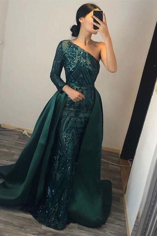 Dark Green One Shoulder Mermaid Prom Dress with Overskirt, Long Sleeve, and Sequins