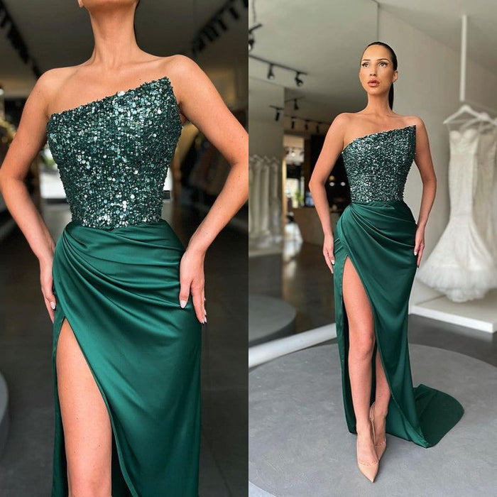 Dark Green Sequins Prom Dress with Split