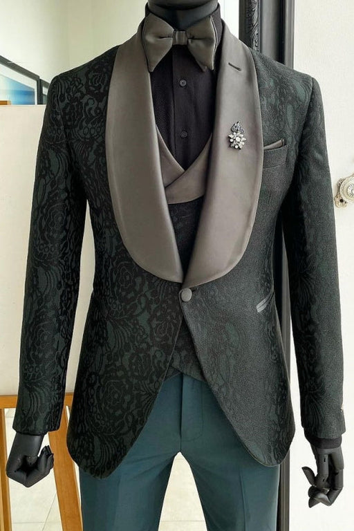 Brooklyn Dark Green Shawl Lapel Three Pieces Slim Fit Jacquard Wedding Suits