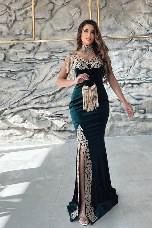 Dark Green Sleeveless V-Neck Applique Mermaid Evening Dress with Detachable Skirt