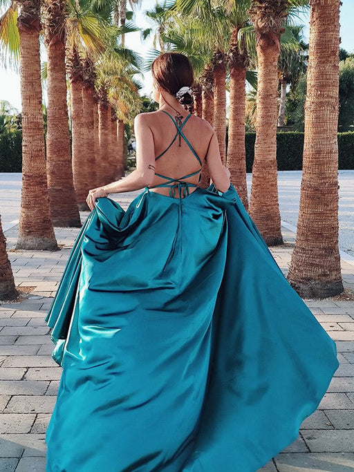 Dark Green Spaghetti-Straps Prom Dress with Split