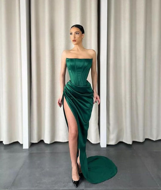 Dark Green Strapless Sleeveless Long Slit Mermaid Prom Dress