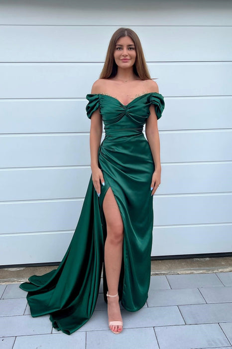 Dark Green Sweetheart Mermaid Prom Dress with Front Split and Off-The-Shoulder Beadings