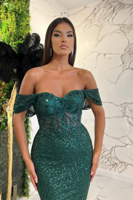 Dark Green Sweetheart Off-The-Shoulder Prom Dress with Appliques and Sequins