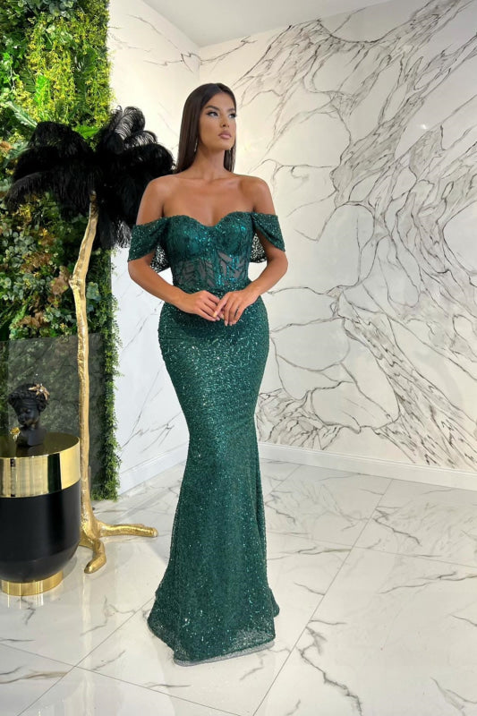 Dark Green Sweetheart Off-The-Shoulder Prom Dress with Appliques and Sequins