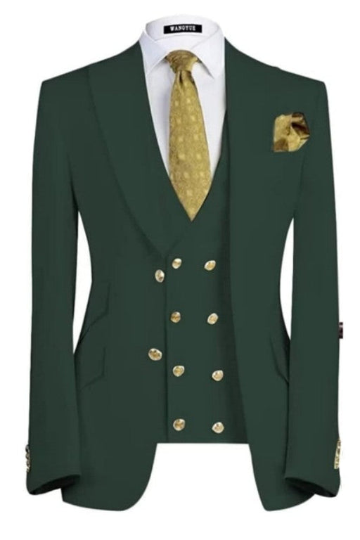 Boris Bespoke Dark Green Three Pieces Peaked Lapel Business Men Suits