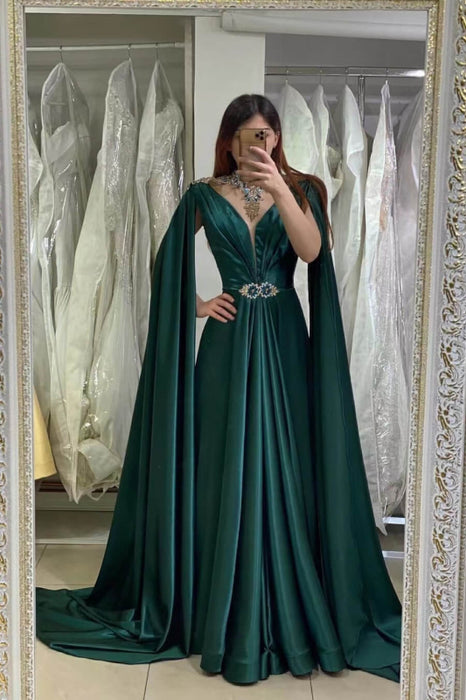 Dark Green V-Neck A-Line Long Beaded Prom Dress with Ruffles