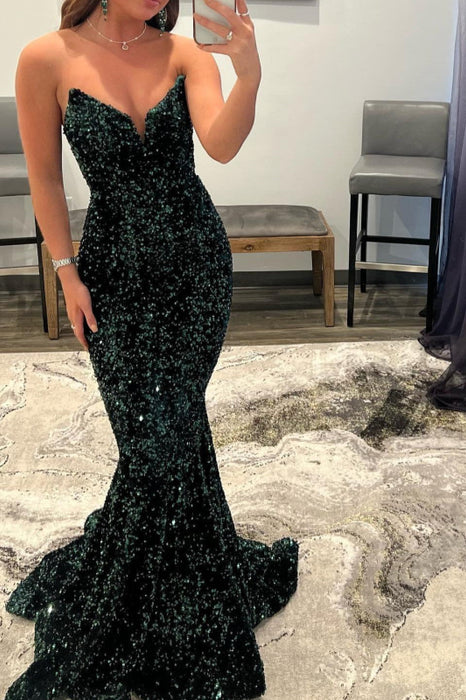 Dark Green V-Neck Long Mermaid Prom Dress with Sequins