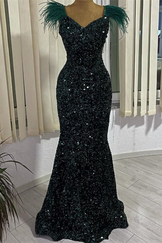 Dark Green V-Neck Sequined Mermaid Evening Dress with Feathers