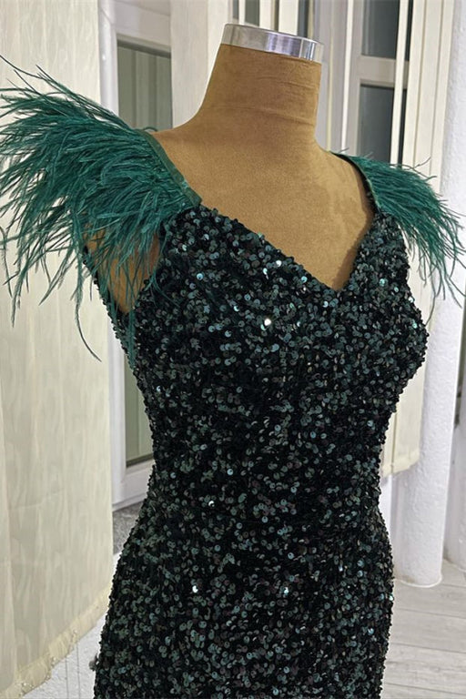 Dark Green V-Neck Sequined Mermaid Evening Dress with Feathers