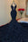 Dark Navy Halter V-Neck Mermaid Prom Dress with Appliques