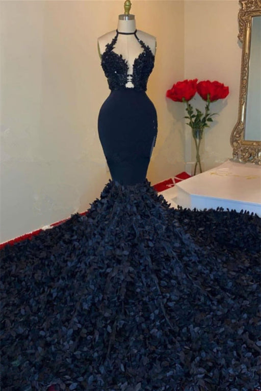 Dark Navy Halter V-Neck Mermaid Prom Dress with Appliques