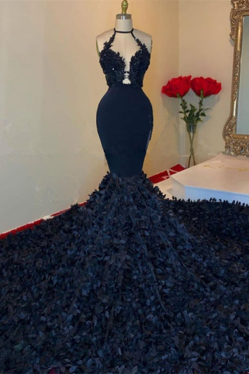 Dark Navy Halter V-Neck Mermaid Prom Dress with Appliques