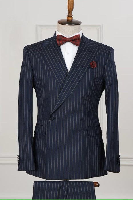 Clifford Formal Dark Navy Peaked Lapel Striped Bespoke Business Suits