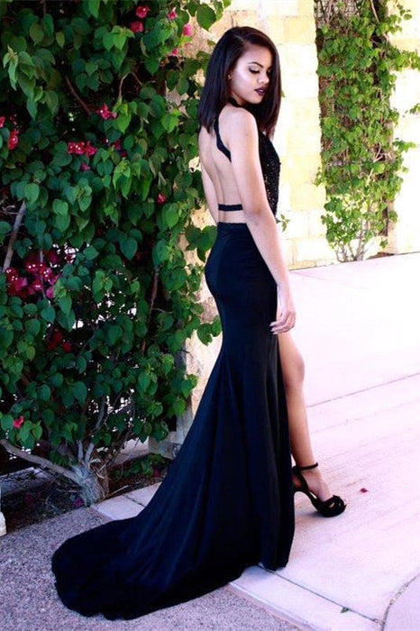 Dark Navy Sleeveless Prom Dress with Slit