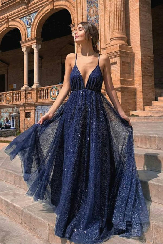 Dark Navy Spaghetti-Straps Sequins Prom Dress