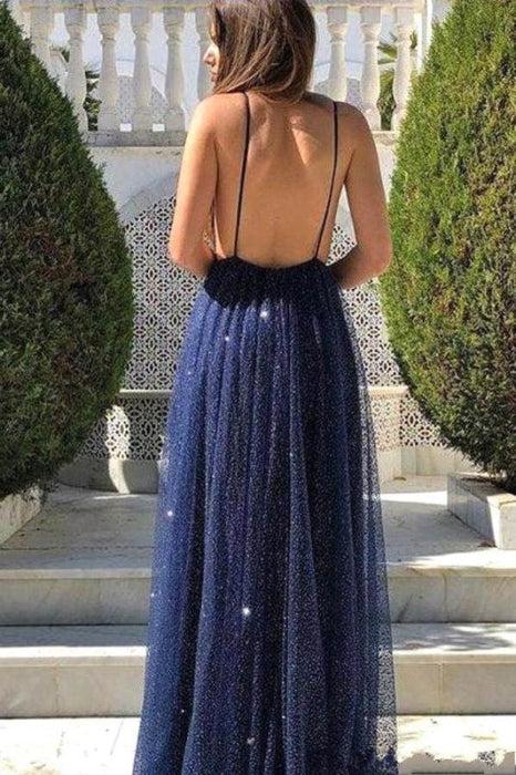 Dark Navy Spaghetti-Straps Sequins Prom Dress