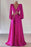 Dark V-Neck Prom Dress with Embellishment in Fuchsia Long Sleeves A-Line