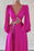 Dark V-Neck Prom Dress with Embellishment in Fuchsia Long Sleeves A-Line