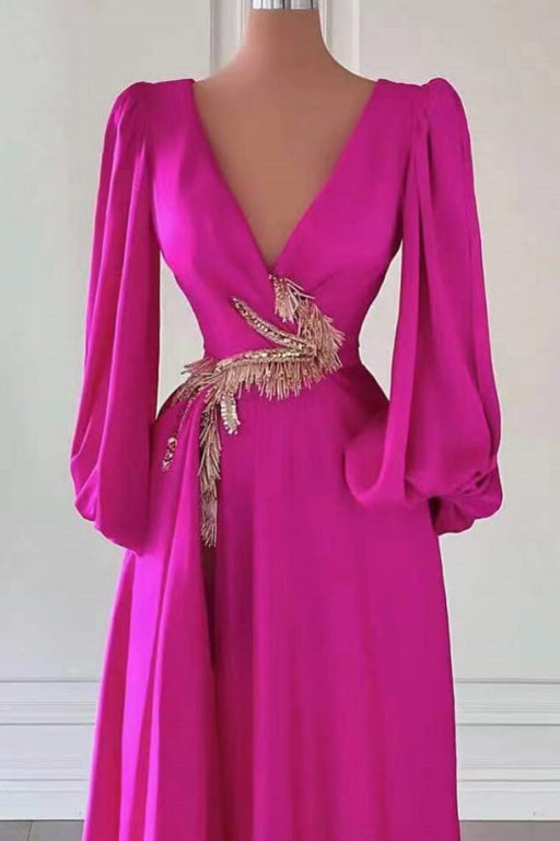 Dark V-Neck Prom Dress with Embellishment in Fuchsia Long Sleeves A-Line