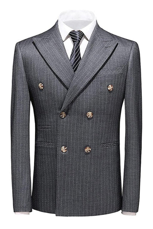 Nevada Formal Deep Gray Double Breasted Peaked Lapel Striped Men Suits For Business