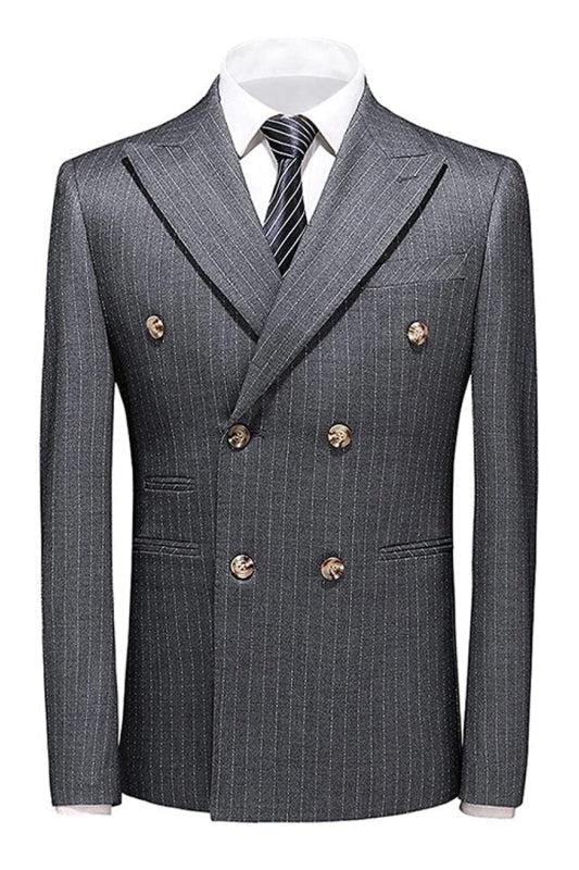 Nevada Formal Deep Gray Double Breasted Peaked Lapel Striped Men Suits For Business