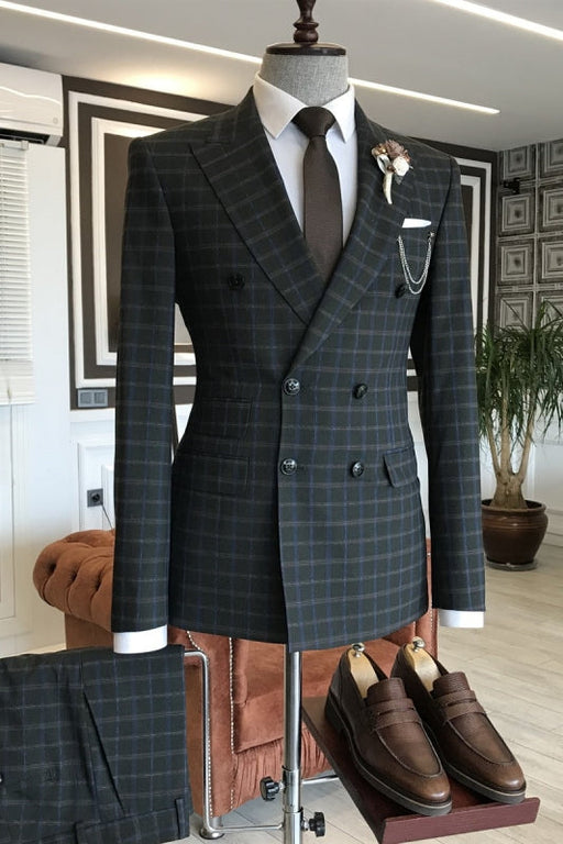 Hal New Arrival Deep Gray Peaked Lapel Double Breasted Plaid Business Suits