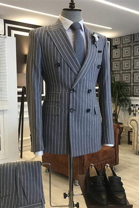 Frederick Deep Gray Striped Peaked Lapel Double Breasted Formal Business Suits