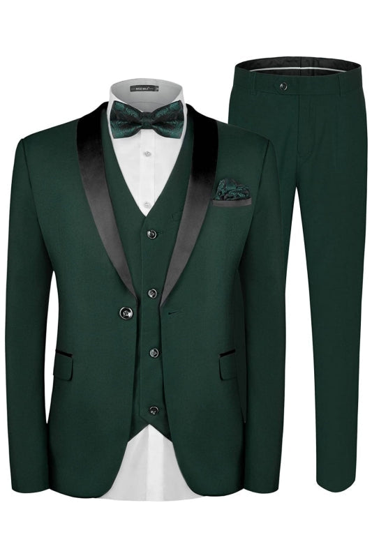 Berton Bespoke Deep Green Shawl Lapel Three Pieces Men Suits For Wedding