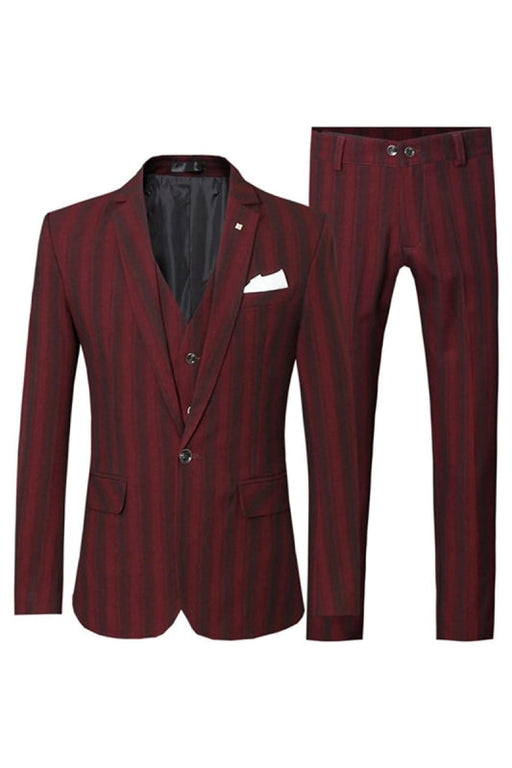 Kelly Fashion Deep Red Notched Lapel Three Pieces Striped Business Suits