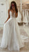 Deep V Neck Ivory Lace Long Wedding Dresses, White Lace Formal Evening Prom Dresses with High Split