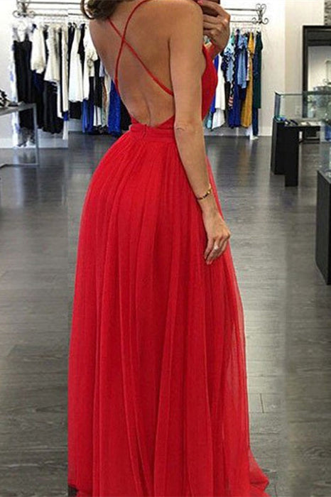 Deep V-Neck Long Prom Dress With Slit in Red