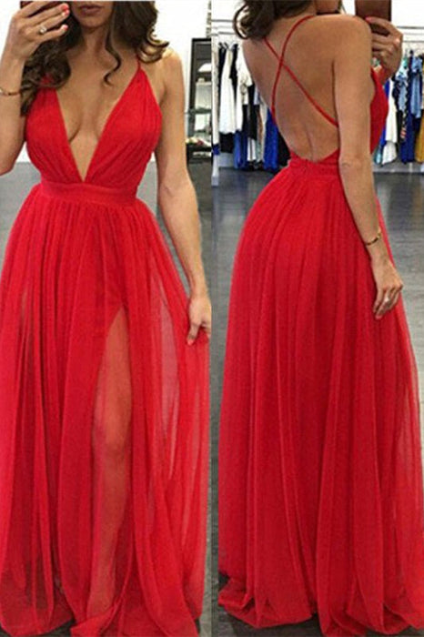 Deep V-Neck Long Prom Dress With Slit in Red