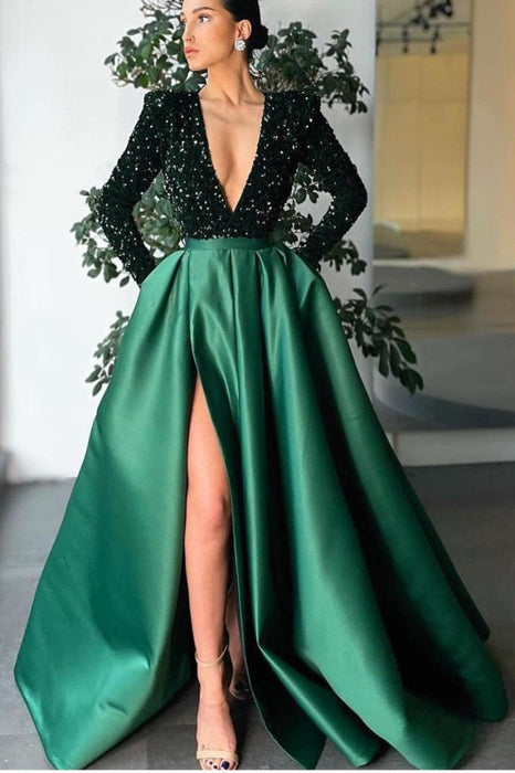 Deep V-Neck Long Sleeves Mermaid Prom Dress with Split and Sequins